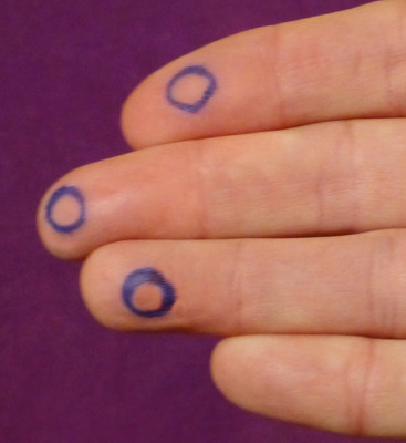 Outline of the finger hole locations when using a “flat-fingered” grip
